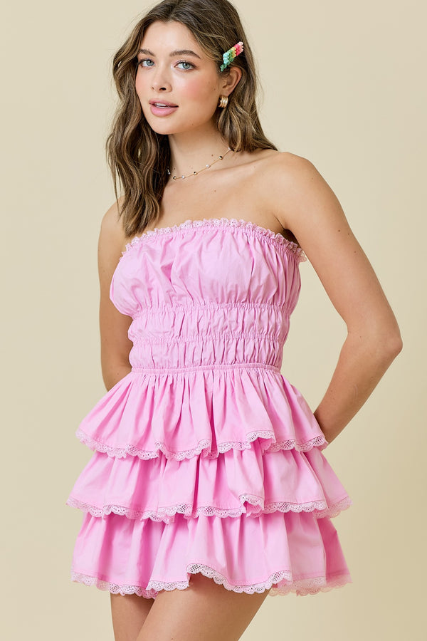 It's My Time Strapless Tired Mini Dress Romper Baby Pink