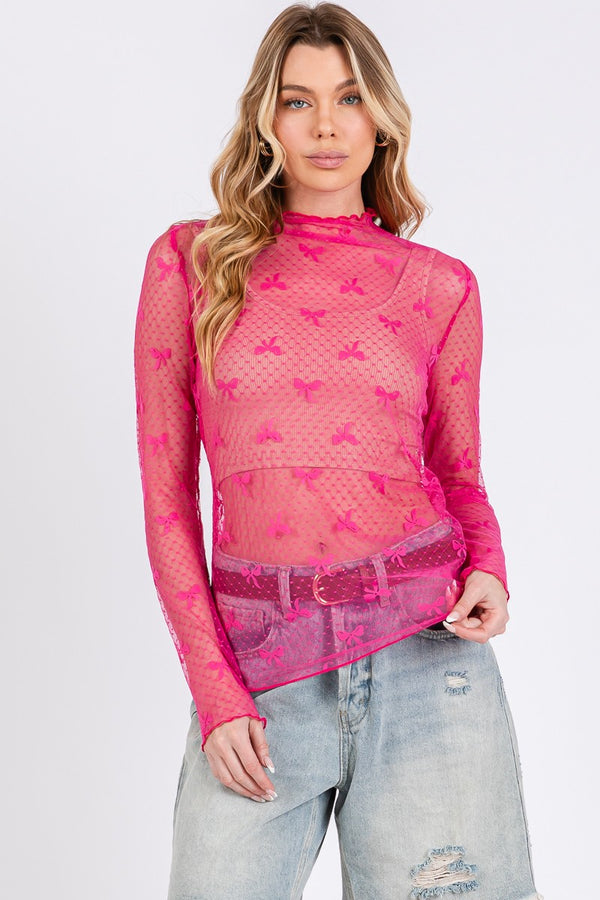 Bow Print Mesh Layering Top