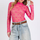 Bow Print Mesh Layering Top