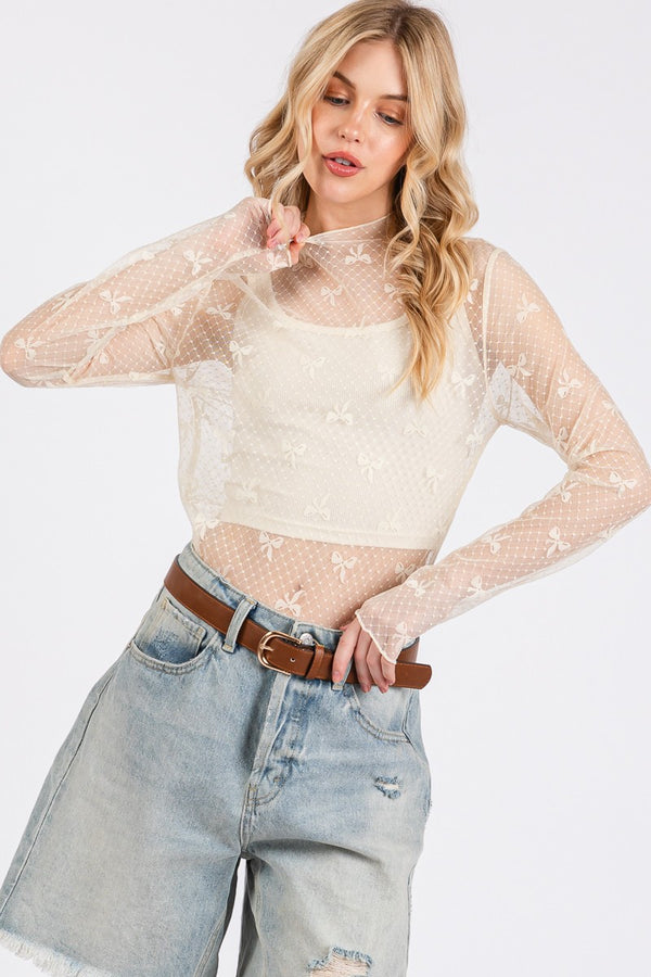 Bow Print Mesh Layering Top