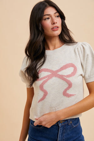 Soft Touch Bow Puff Sleeve Sweater Top