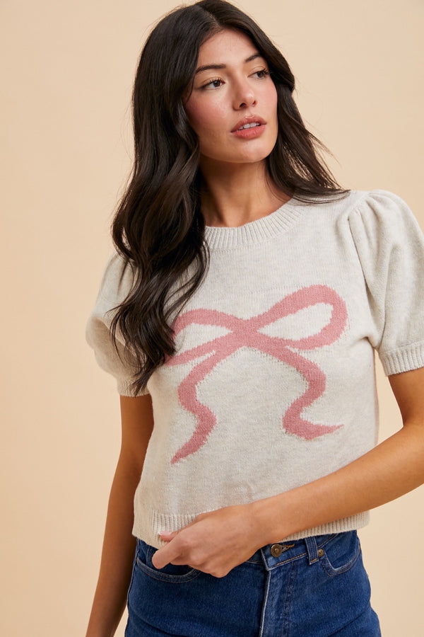 Soft Touch Bow Puff Sleeve Sweater Top