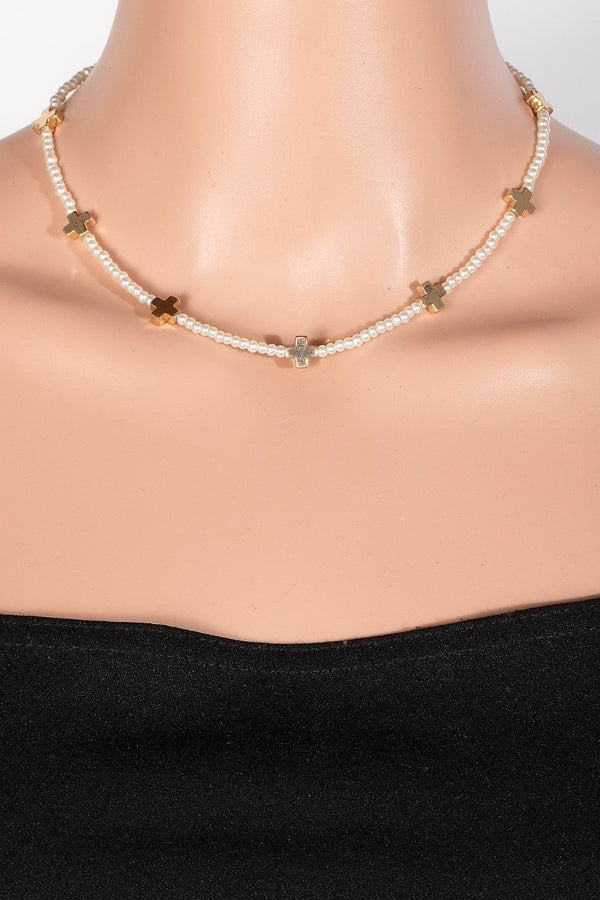 Metallic Cross Charms Pearl Beaded Necklace