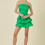 Green Strapless Ruched Tiered Ruffle Mini Dress
