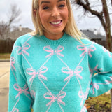 Bow Sweater Aqua and Pink