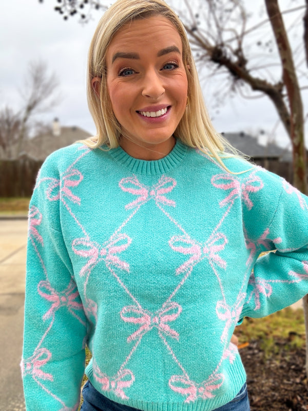 Bow Sweater Aqua and Pink