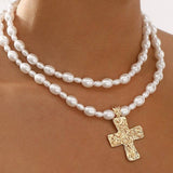 LUSTROUS PEARL BEADED LAYERED CROSS NECKLACE | 40NK9552