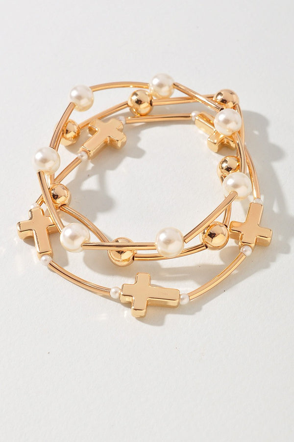 Metal Pearl Cross Stretch Bracelet Set