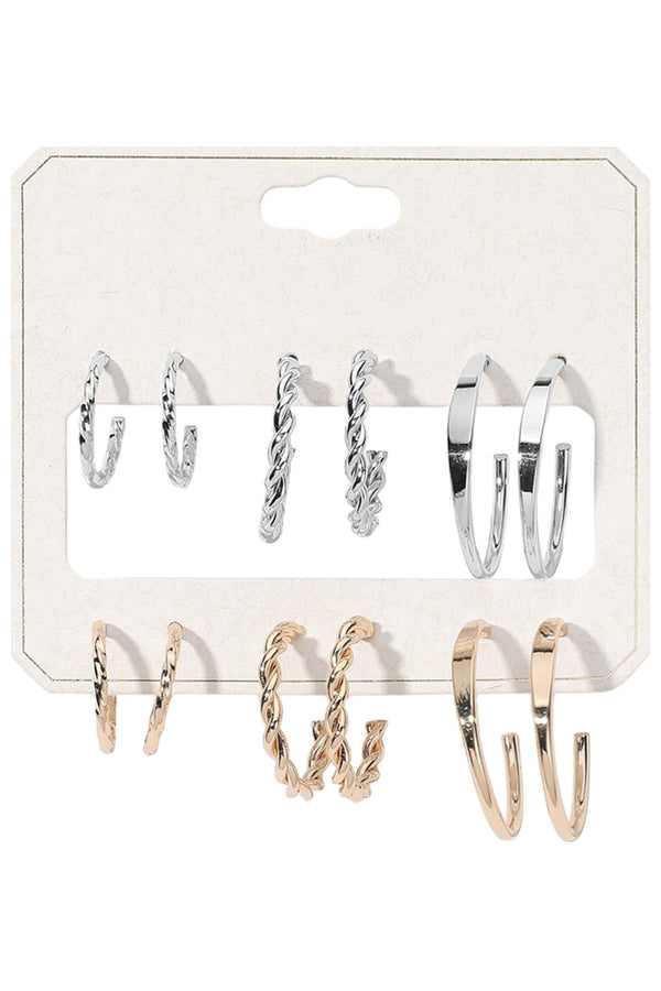 6Pairs - Metal Hoop Earring Set  Twisted