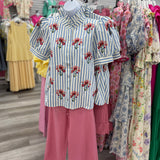Blue Stripe Floral Puff Sleeve Top