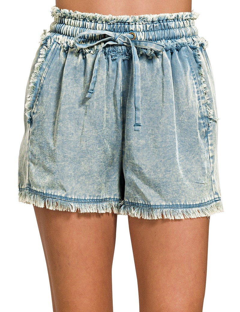 Denim Fray Mineral Wash Shorts