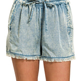 Denim Fray Mineral Wash Shorts