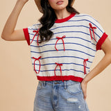 Bow Patch Stripe Loose Fit Crop Sweater Top