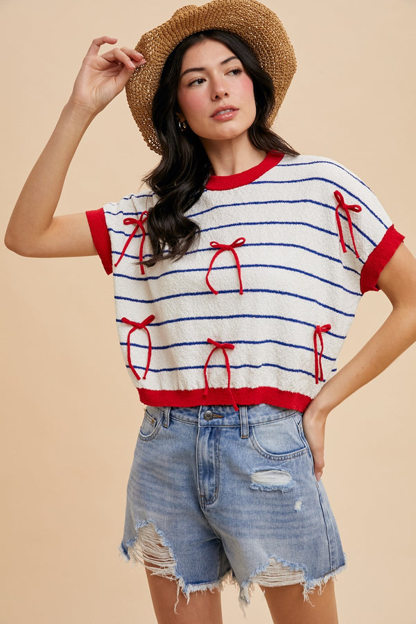 Bow Patch Stripe Loose Fit Crop Sweater Top