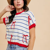 Bow Patch Stripe Loose Fit Crop Sweater Top