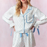 In My Dreams Satin Blue and White Bow Pajama Set