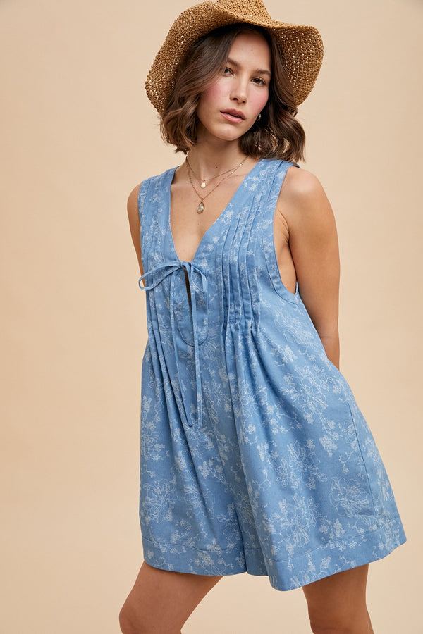 Delicate Florals Denim Romper