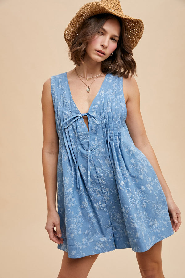 Delicate Florals Denim Romper