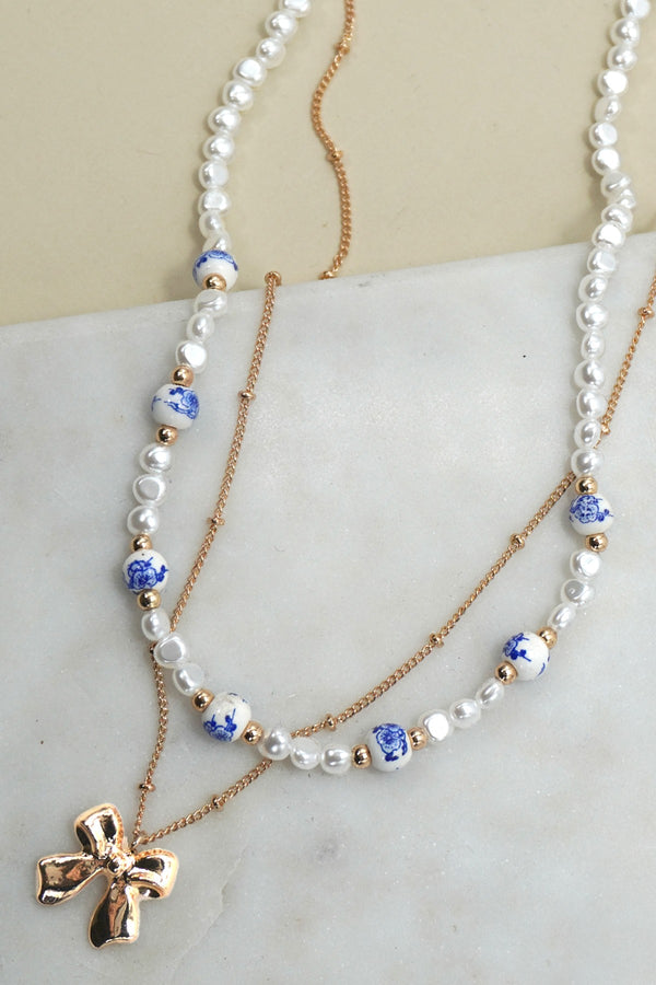 Bow Ceramic Porcelain Pearl Bow Layer Necklace