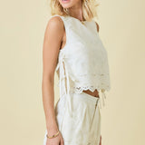 Sleeveless Linen Embroidered Top Double Side Ties | TOP