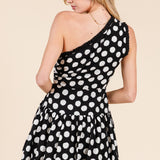 One Shoulder Polka Dot Mini Dress With Ruffle