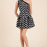 One Shoulder Polka Dot Mini Dress With Ruffle