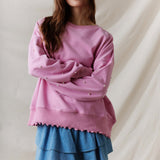 Pearl Studs Long Sleeves Top With Lettuce Rib