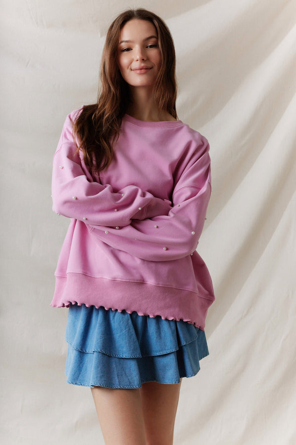 Pearl Studs Long Sleeves Top With Lettuce Rib