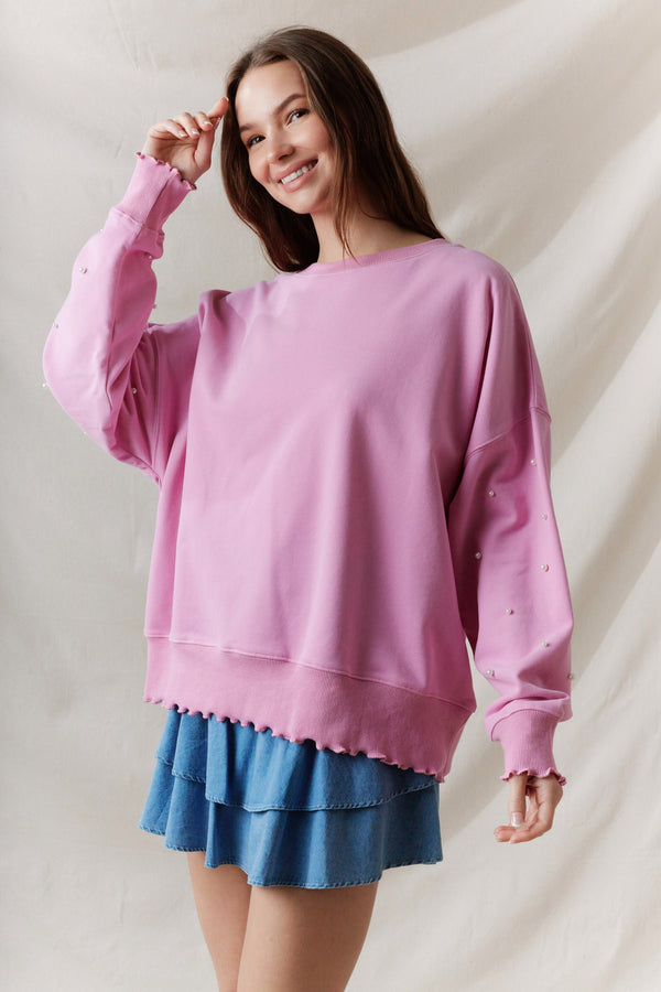 Pearl Studs Long Sleeves Top With Lettuce Rib