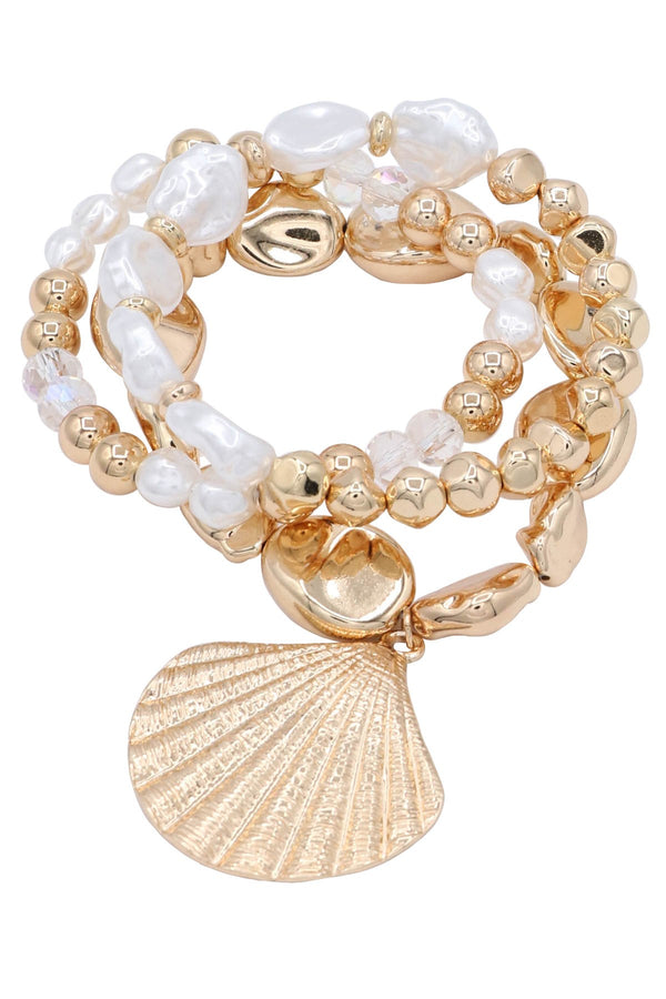 Metal Layered Shell Charm Stretch Bracelet Set