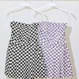 Checkerboard Denim Strapless Mini Romper Dress