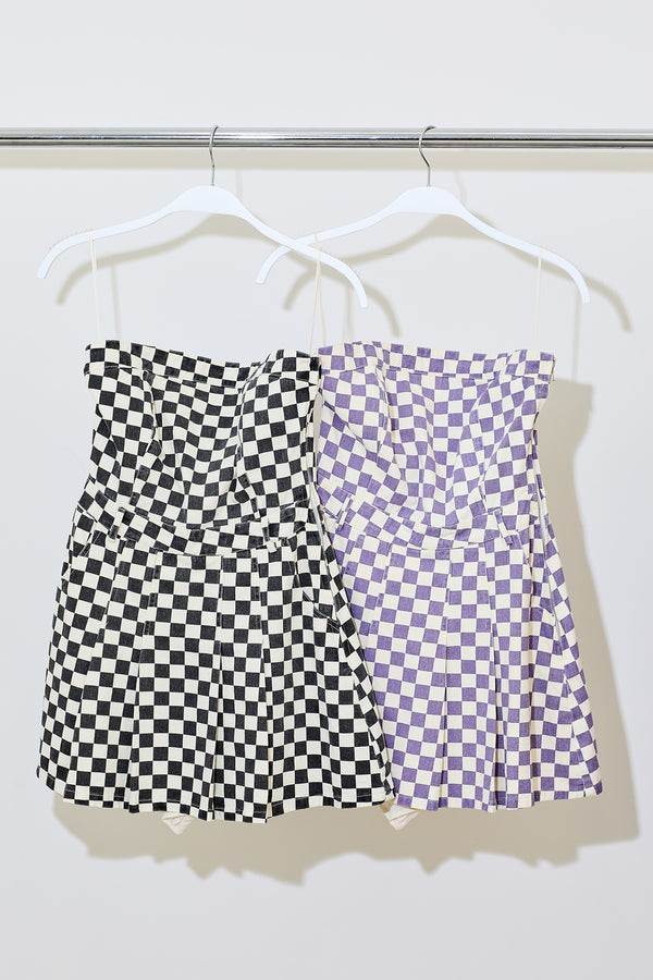 Checkerboard Denim Strapless Mini Romper Dress