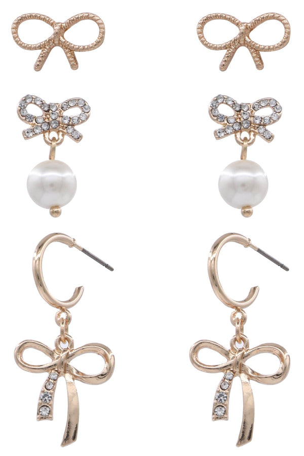 Metal Bow Tie 3 Pair Post Earring Set