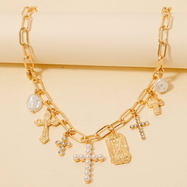 Pearl And Pave Multi Cross Charms Chain Necklace