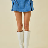 Denim Pleated Mini Skort W/ Pocket Flaps And Ties