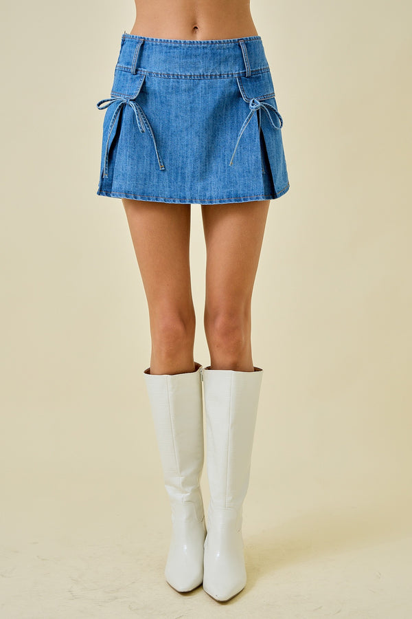 Denim Pleated Mini Skort W/ Pocket Flaps And Ties