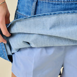 Denim Pleated Mini Skort W/ Pocket Flaps And Ties