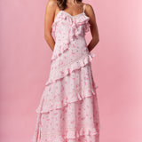 Pink Rose Bow Ruffle Maxi Dress