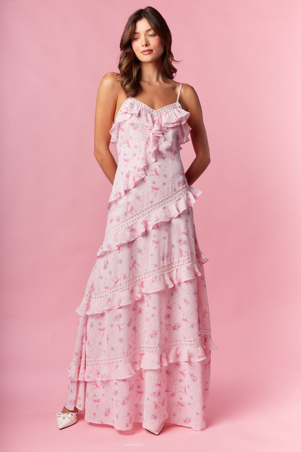 Pink Rose Bow Ruffle Maxi Dress