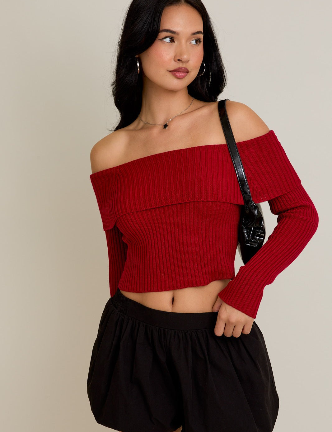 Time for Me To Go Off Shoulder Bow Back Ribbed Sweater