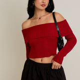 Time for Me To Go Off Shoulder Bow Back Ribbed Sweater