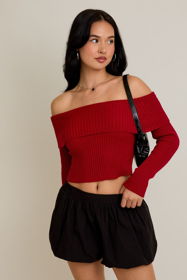 Time for Me To Go Off Shoulder Bow Back Ribbed Sweater