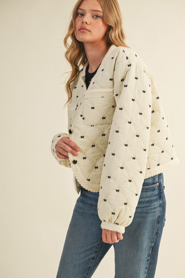 Bow Embroidered Quilted Puff Jacket