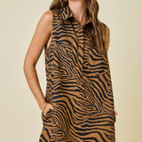 Tiger Print Button Down Shirt Dress With Pockets