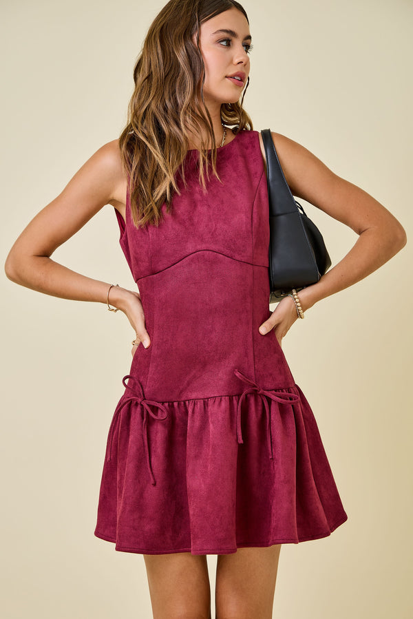 Wine Suede Sleeveless Ruffle Drop Waist Dress with Bow