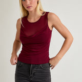 Burgundy Cowl Neck Mesh Top