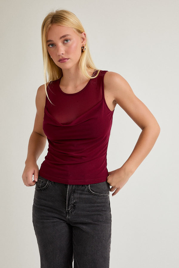 Burgundy Cowl Neck Mesh Top