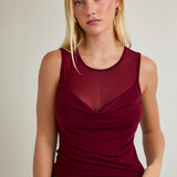 Burgundy Cowl Neck Mesh Top
