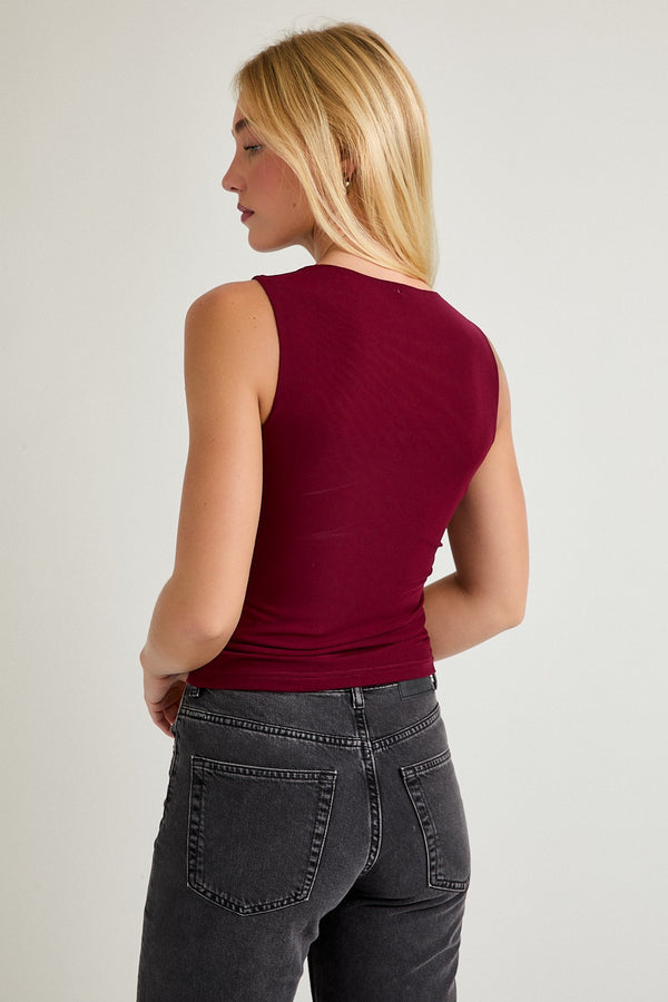 Burgundy Cowl Neck Mesh Top