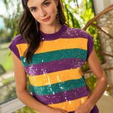 Time To Sparkle Mardi Gras Glitter Loose Fit Sleeveless Sweater